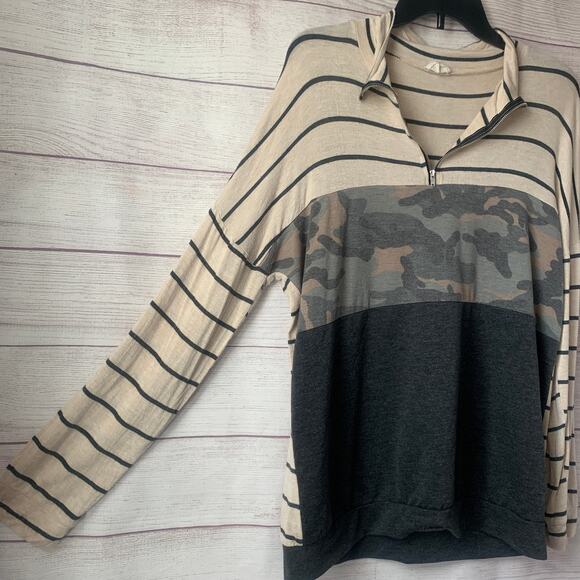 Bibi Pullover Long Sleeve Shirt Quarter Zip Color Block Camo Stripe Size Medium - Picture 10 of 12